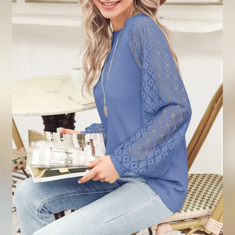Miholl Women's Waffle Top Blouse Lace Balloon Sleeves Zip Back Blue XXL NWT